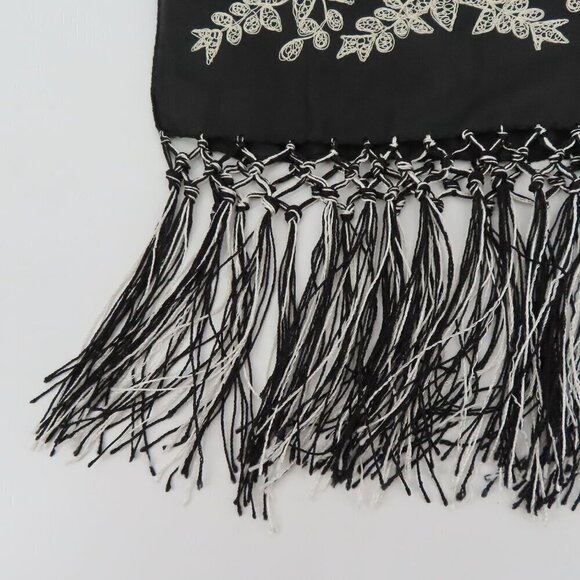 April Cornell Black Cream Embroidered Floral Flower Fringe All Silk Scarf Wrap - Picture 3 of 7